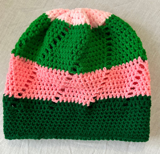 Pink and green slouchy beanie